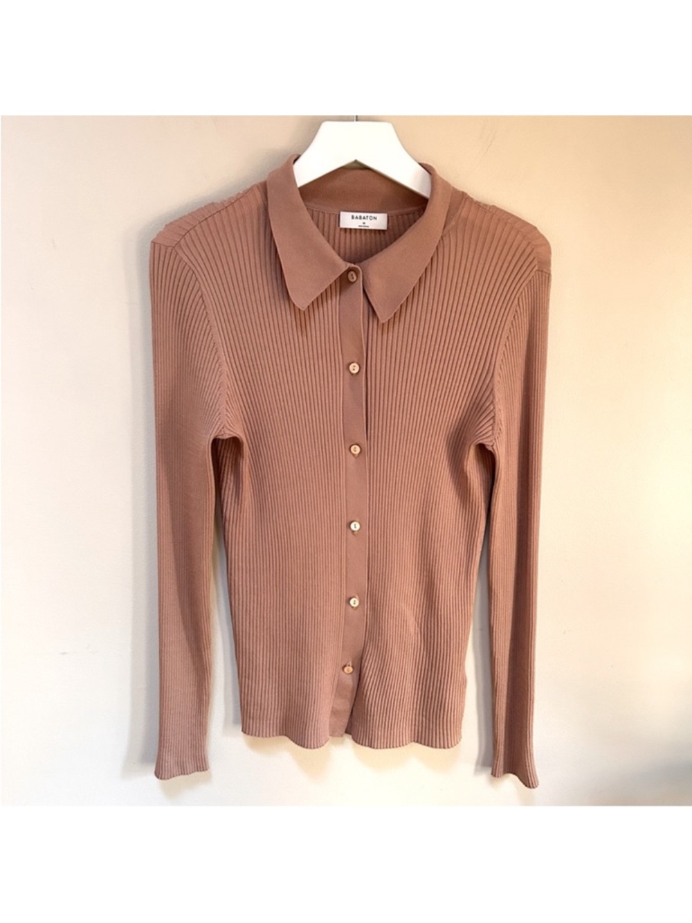 Aritzia Babaton Finley Ribbed Button-Up Polo Cardigan in Classic Tan